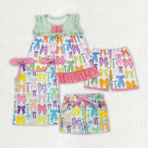 4.25  Sibling Baby Girls Colorful Bows Tops Shorts Outfits Sets