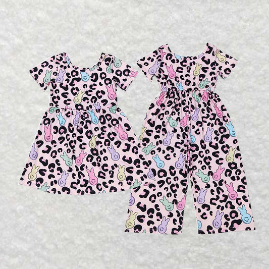 Sibling Baby Girls Pink Easter Leopard Bunny Dresses Jumpsuits