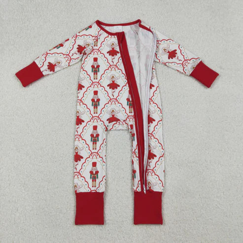 10.8 LR2633 Baby Girls Red Bows Soldiers Plaid Christmas Zipper Footie Romper