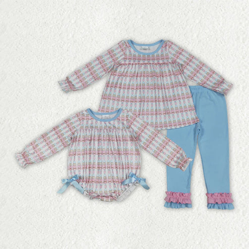 7.10 Sibling Baby Girls Christmas Soldier Top Blue Rompers Outfits