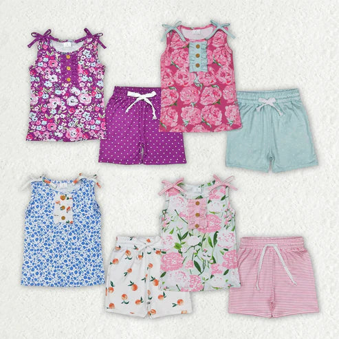 4.14 Sibling 4 colors Baby Girls Sleeveless Floral Button Top Shorts Set