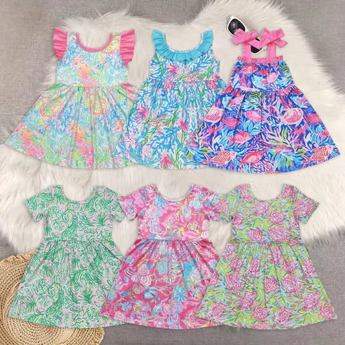 5.5 Sibling Baby Girls Sea Flowers Twirl Dresses
