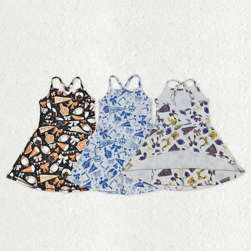 10.31 Sibling 3 Colors Baby Girls Bows Footballs Go Team Shorts Yoga Active Knee Length Dresses