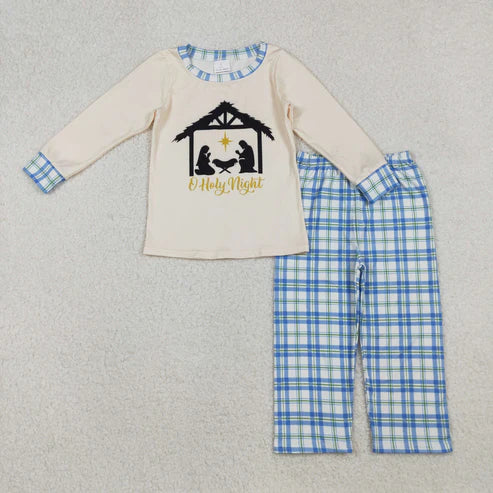 10.10 BLP1100 Baby Boys Long Sleeves Jesus Nativity Top Blue Plaid Pant Set