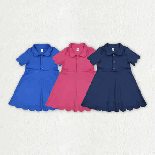 7.7 Sibling 3 Colors Baby Girls Short Sleeves Scallop Yoga Knee Length Dresses