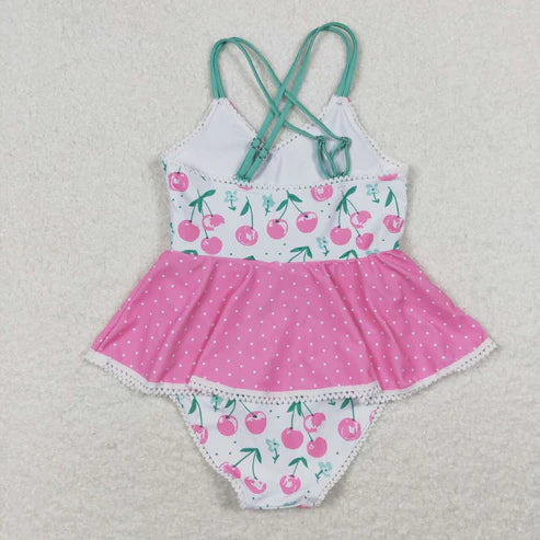 S0251 Cherry polka dot lace pink-white halter one-piece