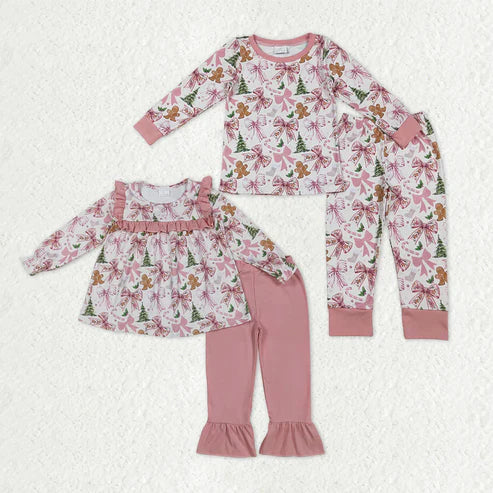 11.1 Sibling Baby Girls Pink Bows Gingerbread Trees Top Pants Christmas Pajamas Clothes Sets
