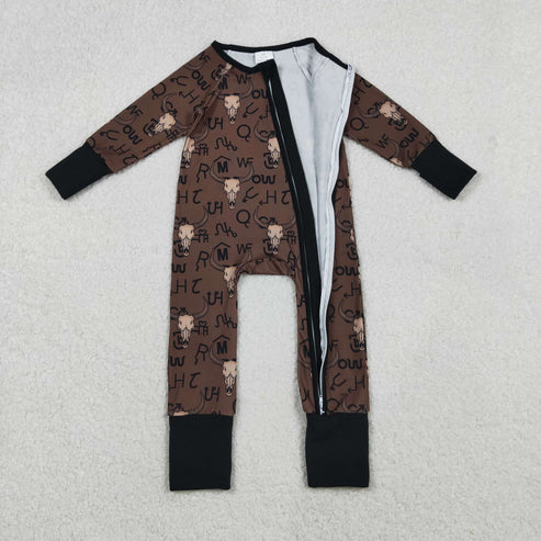 11.12 LR2591 Baby Boys Brown Bull Skulls Western Zipper Footie Romper