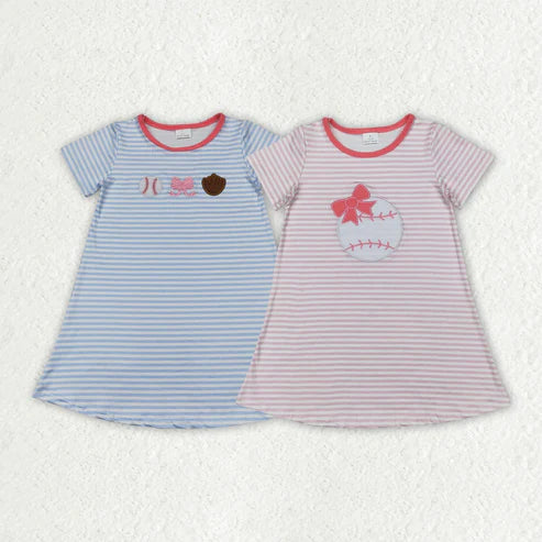 4.14 Sibling Embroidery Baby Girls Stripe Bows Baseball Knee Length Dresses