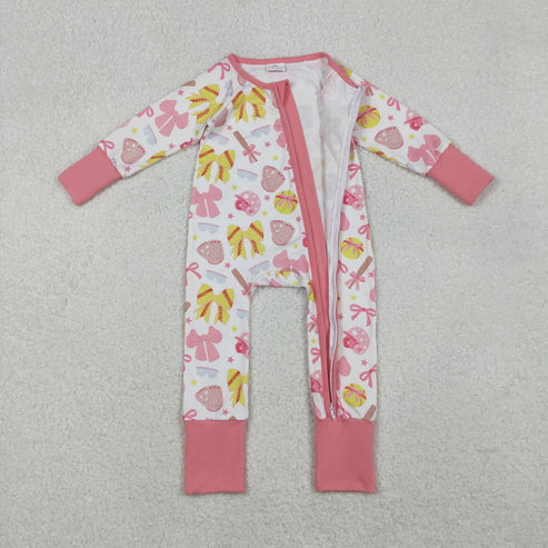 10.25 LR2705 Baby Girls Pink Yellow Bows Baseballs Team Zipper Footie Romper