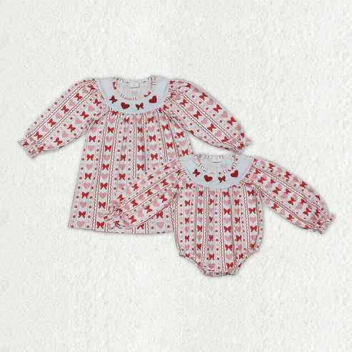 10.31 Sibling Embroidery Hearts Bows Baby Girls Valentine Knee Length Dresses Ruffle Rompers