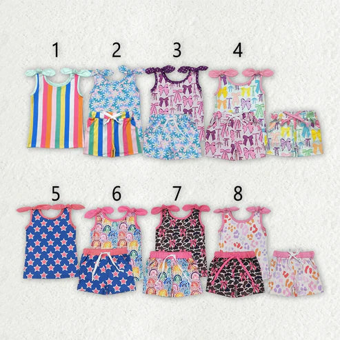 5.3 8 Colors Sibling Baby Girls Summer Bows Top Shorts Outfits