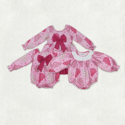 10.31 Sibling Baby Girls Pink Stripe Trees Stars Bow Christmas Knee Ruffle Length Dresses Rompers