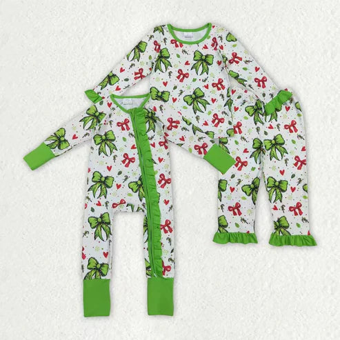 8.16  Sibling Baby Girls Christmas Green Red Bows Hearts Rompers Pajamas Sets