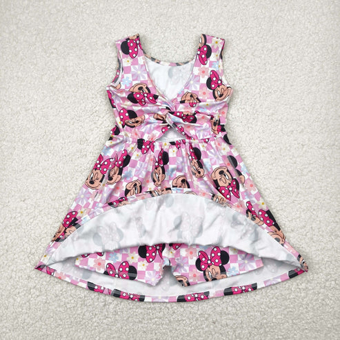 4.29 GSD2461 Baby Girls Pink Plaid Sleeveless Cartoon Mouse Yoga Skort Knee Length Dress
