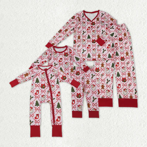 10.31 Mama and Me Bows Santa Socks Checked Top Pants Christmas Pajamas Sets Zipper Rompers