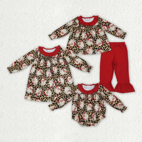 6.26 Sibling Baby Girls Christmas Leopard Santa Rompers Dresses Outfits