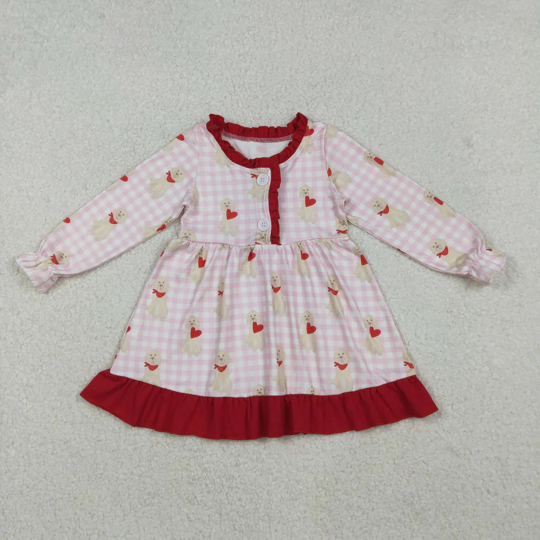 10.22 GLD1322 Baby Girls Pink Checked Dogs Hearts Button Ruffle Valentine Knee Length Dress