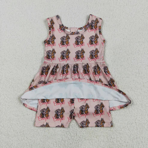 5.17 SR3072 Baby Girls Pink Sleeveless Horses Rodeos Cowgirl Skort Jumpsuit