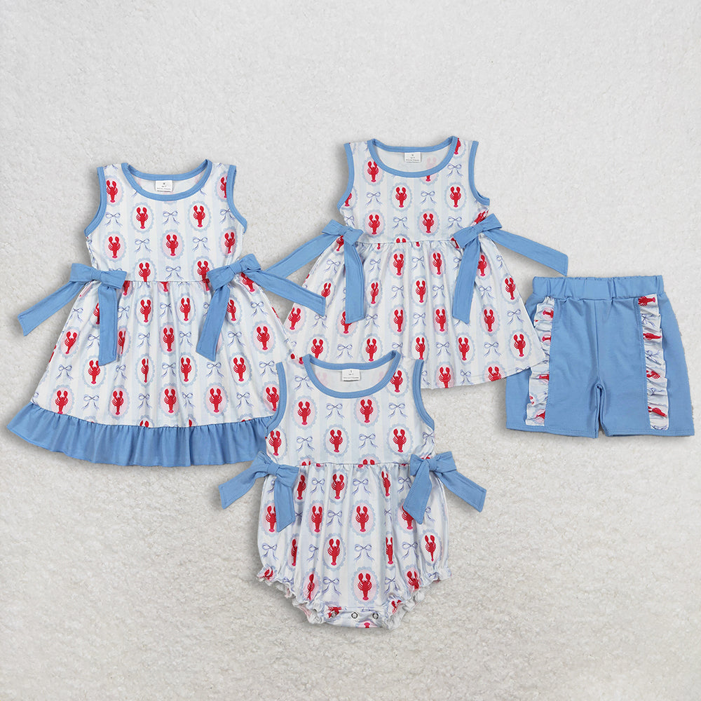 Sibling Baby Girls clothes lobster bow short sleeve shorts Clothes Sets and Dresses and romper
