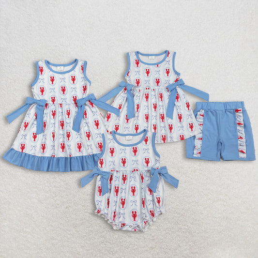 Sibling Baby Girls clothes lobster bow short sleeve shorts Clothes Sets and Dresses and romper