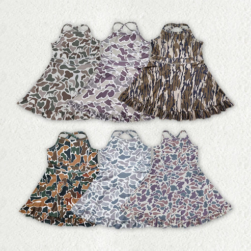 5.15 Sibling 6 colors Baby Girls Strap Camo Yoga Ruffle Knee Length Dresses