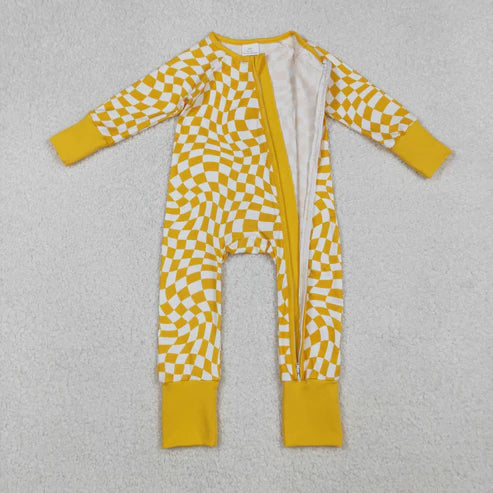 10.8 LR1089 Baby Infant Boys Yellow Checkered Zip Footie Long Sleeve Romper