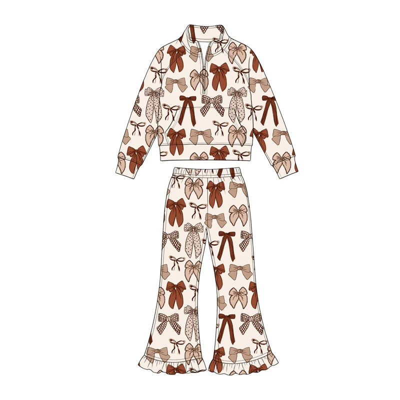 7.25 design Baby Girls Bows Zipper Pocket Pullover Top Bell Bottom Pant Fall Clothes Sets