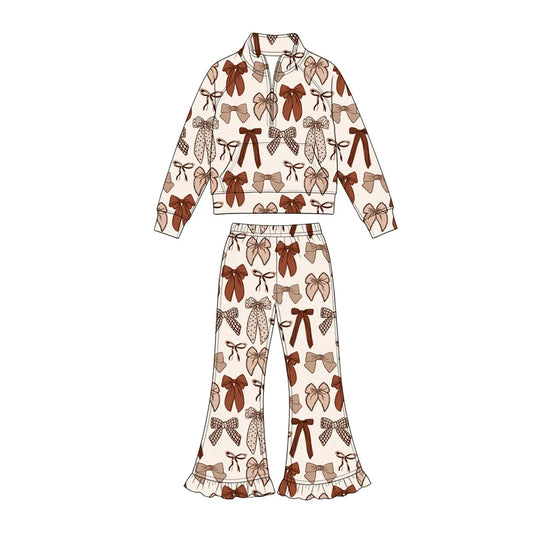 7.25 design Baby Girls Bows Zipper Pocket Pullover Top Bell Bottom Pant Fall Clothes Sets
