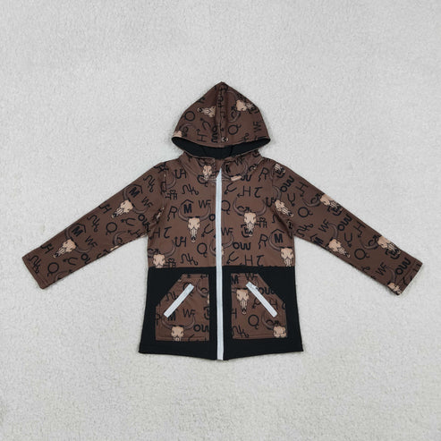 11.12 BT1337 Baby Boys Brown Bull Skulls Pocket Zipper Western Hoodies Top
