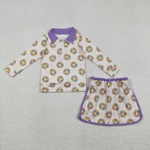 11.27 GLD1332 Baby Girls Donuts Checked Zipper Pullover Ruffle Skorts Mardigras Clothes Set