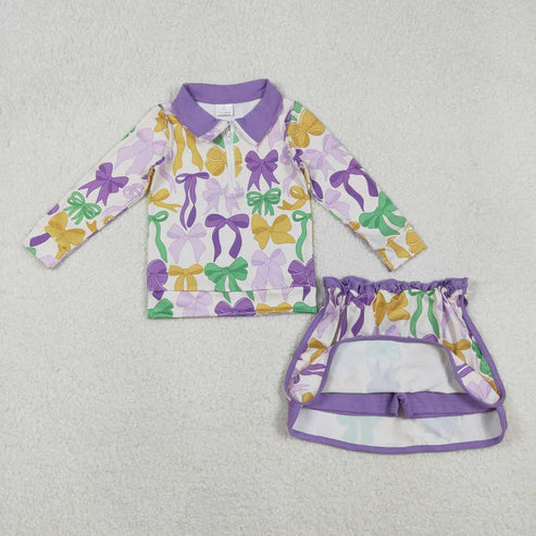 11.17 GLD1333 Baby Girls Bows Checked Zipper Pullover Ruffle Skorts Mardigras Clothes Set