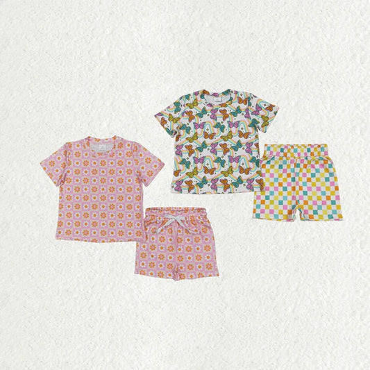 5.27 Sibling Baby Girls Short Sleeves Daisy Flowers Butterfly Top Short Pajamas Sets