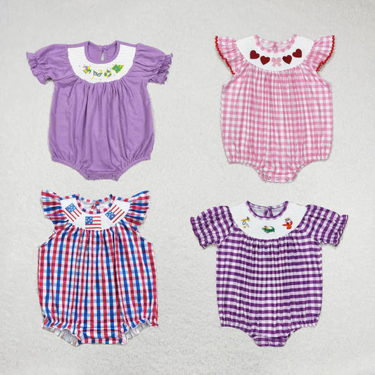 4.7  RTS NO MOQ Baby Boys Embroidery Smocked Shorts Sleeve Romper Mixed Sizes