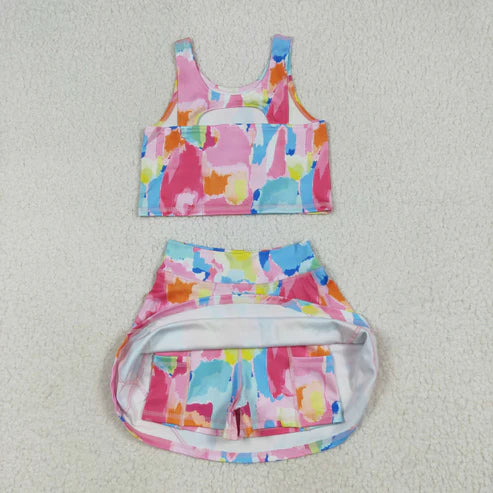 6.26 GSD2625 Baby Girls Sleeveless Watercolor Camo Vest Top Short Skirts Yoga Set