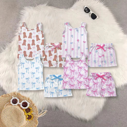 5.3 Sibling Baby Girls Sleeveless Bows Dogs Flowers Top Short With Belt Sets