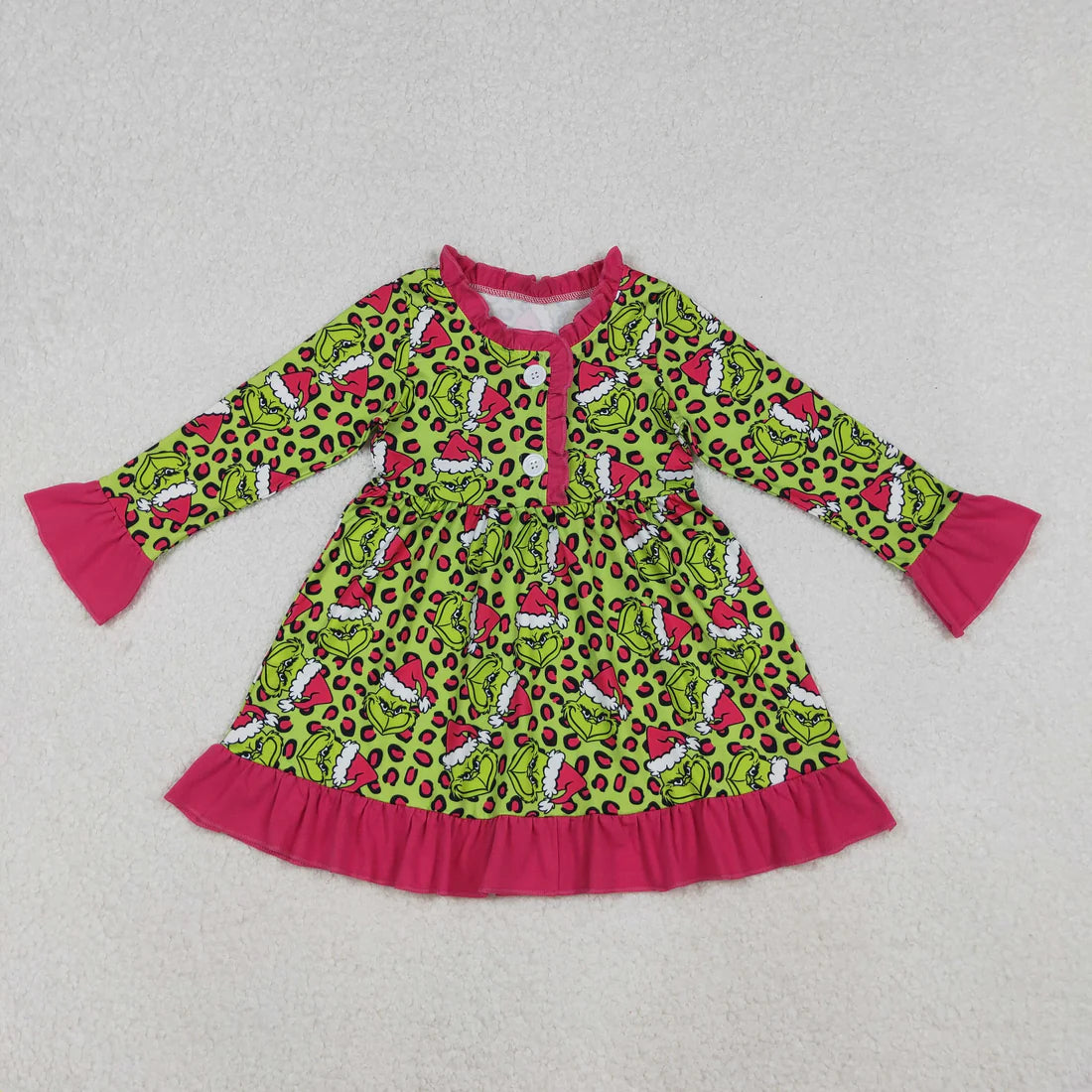 10.17 GLD1254 Baby Girls Green Leopard Grin Christmas Button Ruffle Knee Length Dress