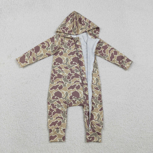 12.3 LR2812 Baby Boys Southern Khaki Camo Two Way Zip Convertible Hoodie Romper