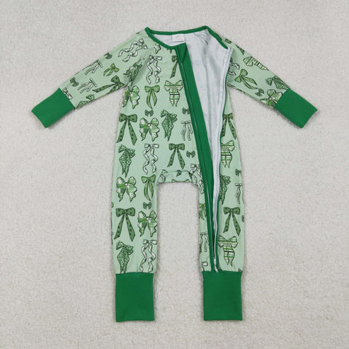 10.7 LR2654 Baby Boys Green Clover Bows St Patrick Zipper Footie Romper