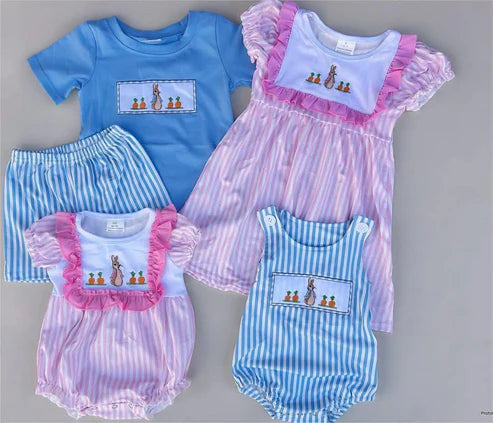 3.26 Sibling Girls Baby Boys Easter Rabbit Carrots Rompers Sets