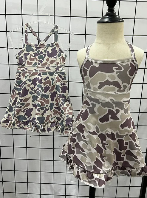 6.26 Sibling Baby Girls Strap Camo Yoga Ruffle Knee Length Dresses