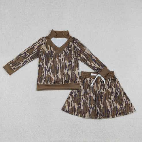 12.27 RTS NO MOQ（In Stock) Army Green Camouflage Long-Sleeve Skirt Set