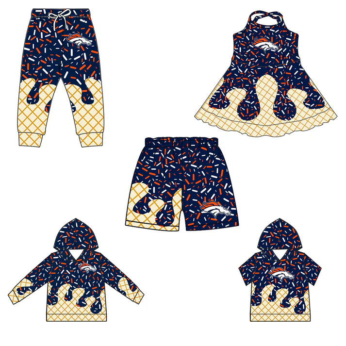 7.8 Custom Moq 3 Baby Girls Straps BRONCOS Plaid Short Ruffle Team Knee Length Dresses
