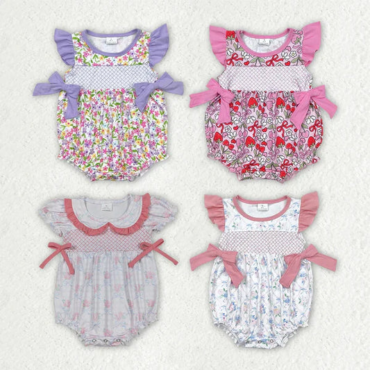 5.3  Sibling Embroidery Baby Infant Girls Flutter Sleeves Bows Ruffle Rompers