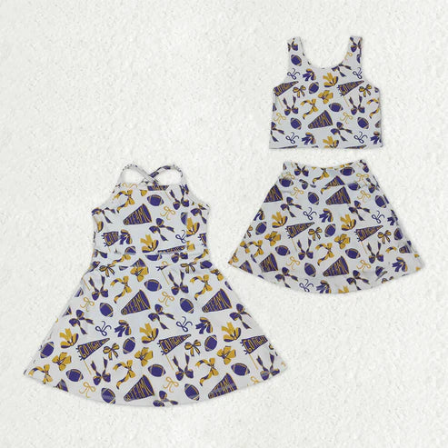 10.31 Sibling Baby Girls Purple Bows Footballs Team Shorts Yoga Clothes Set Knee Length Dresses