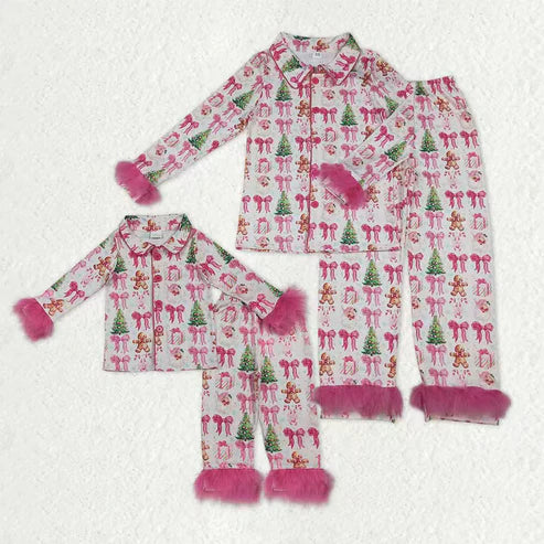 11.1 Mommy&Me Pink Bows Santa Trees Button Top Pants Christmas Fur Pajamas Sets