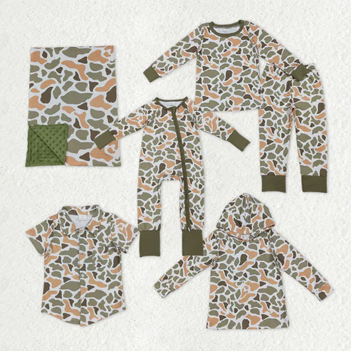 11.1 Sibling Baby Boys Green Orange Camo Southern Pajamas Button Shirts Hoodies Top