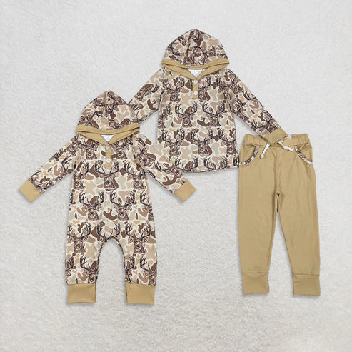 10.31 Sibling Baby Boys Khaki Camo Deer Hoodies Pockets Leggings Hunting Clothes Set Footie Rompers