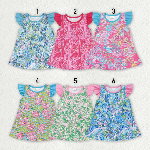 4.14 Sibling Baby Girls Sea Flowers Flutter Sleeve Tunic Tops