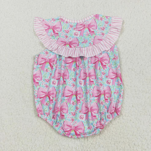 5.17  SR3089 Embroidered Baby Girls Pink Flutter Sleeves I Love Dad Bows Floral Ruffle Romper